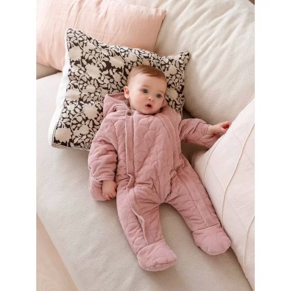 Combipilote en velours bébé double ouverture totale rose pale