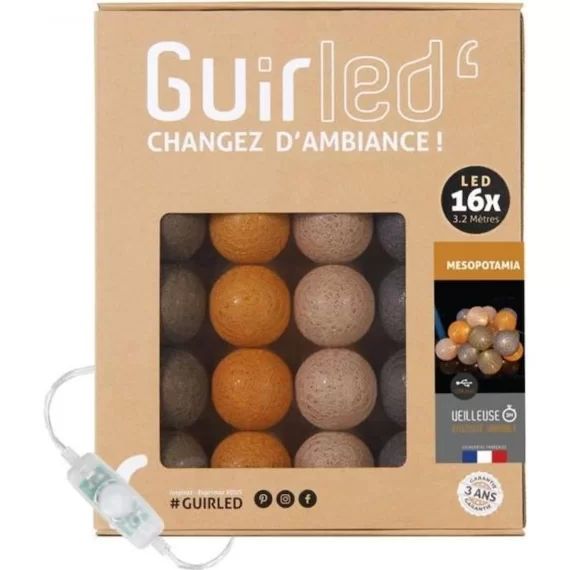 Guirlande lumineuse boules coton LED USB – Veilleuse bébé 2h –  3 intensités – 16 boules 1,6m – Mesopotamia marron