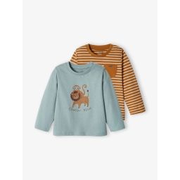 Lot de 2 T-shirts basics bébé motif animal et rayé bleu grisé