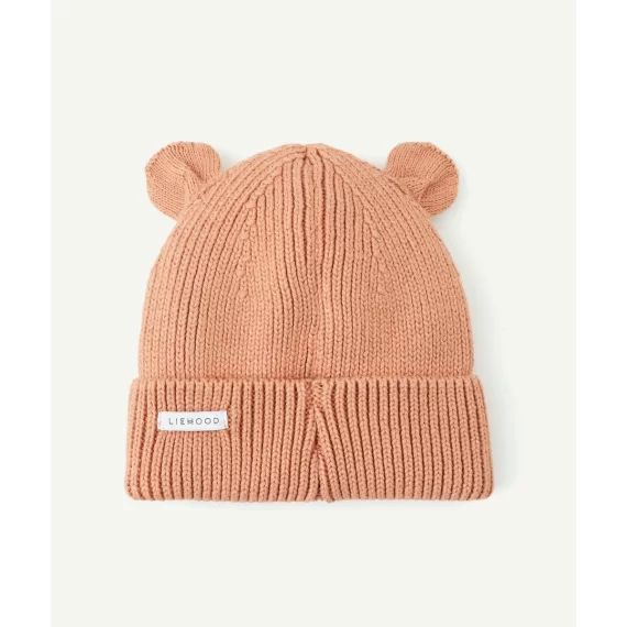 Bonnet gina en tricot côtelé et coton bio rose avec oreilles d’ours
