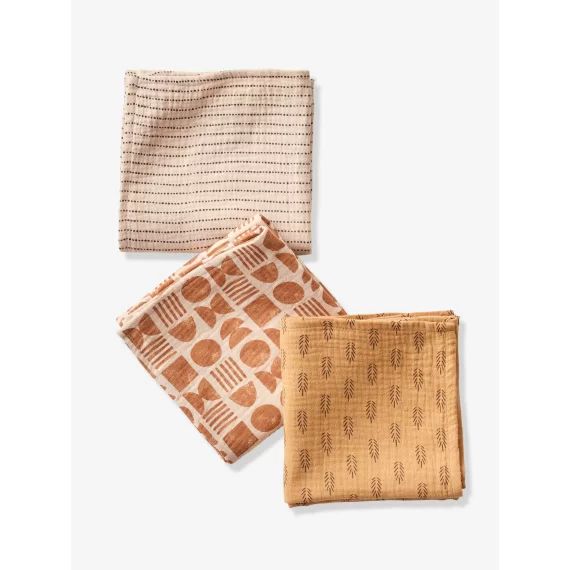 Lot de 3 langes en gaze de coton ETHNIC beige imprimé