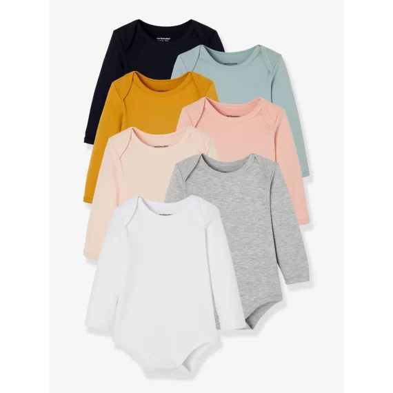 Lot de 7 bodies manches longues ouverture US bébé BASICS lot rose poudré