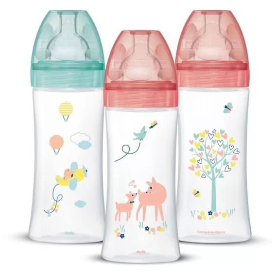 Dodie Lot de 3 Biberons Anti colique Sensation+, Fille, 330 ml, +6 Mois, Tétine Plate, Débit 3 rose