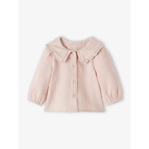 Blouse en gaze de coton bébé col fantaisie rose grisé