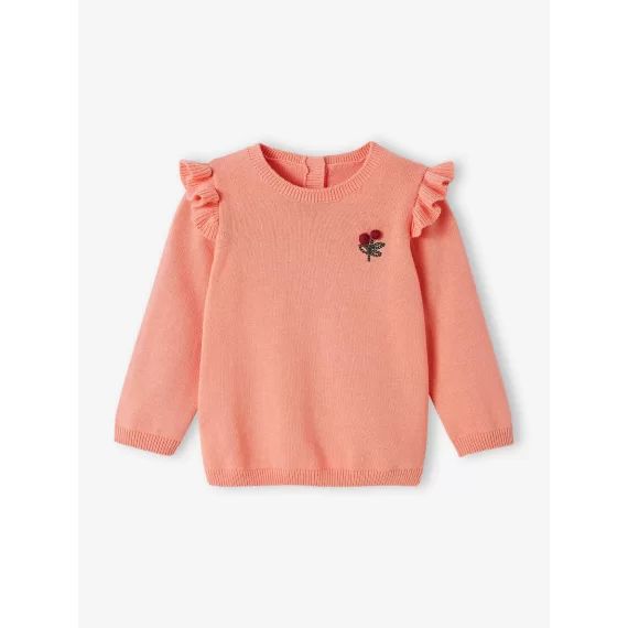 Pull à volants cerise bébé avec pompons rose