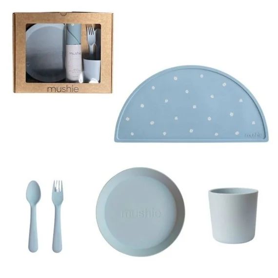 Coffret Cadeau Repas Powder Blue – Couverts – Assiette – Verre – Set De Table – Vaisselle Bébé Et Enfants – Mushie Bleu