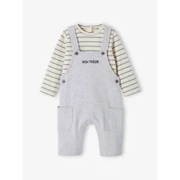 Ensemble bébé T-shirt et salopette en molleton personnalisable gris chiné