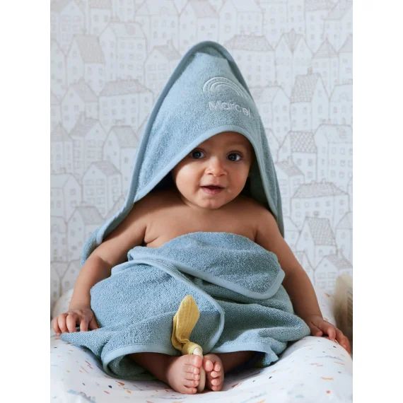Cape de bain personnalisable + gant de toilette vert céladon