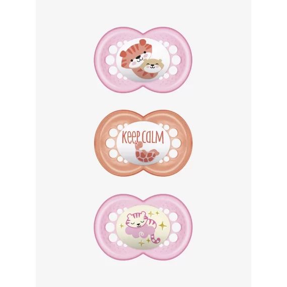 Lot de 3 sucettes en silicone MAM 18M+ : 2 Original + 1 Nuit lot rose motifs tortue et tigr