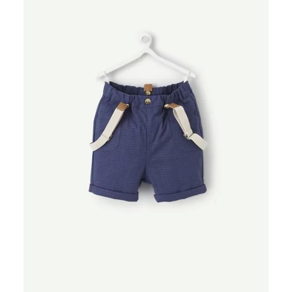 Bermuda bébé garçon bleu à carreaux avec bretelles amovibles –  – Soldes