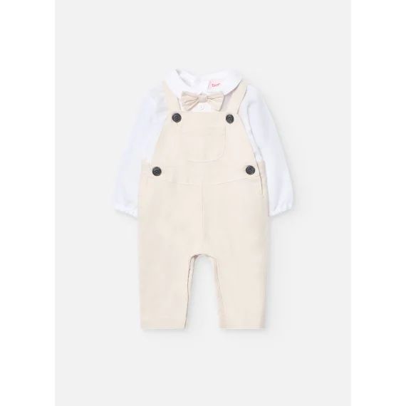 Ensemble Chemise Avec Nœud Papillon Et Salopette Longue Beige