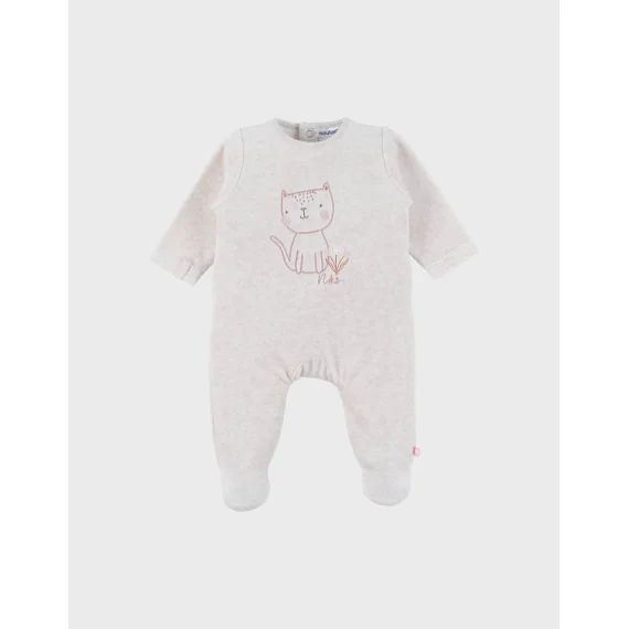 Pyjama Bébé En Velours Brodé Chat Beige