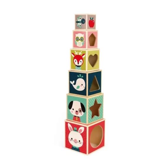 JANOD – Pyramide 6 cubes Baby Forest (bois) – Dès 12 Mois rouge