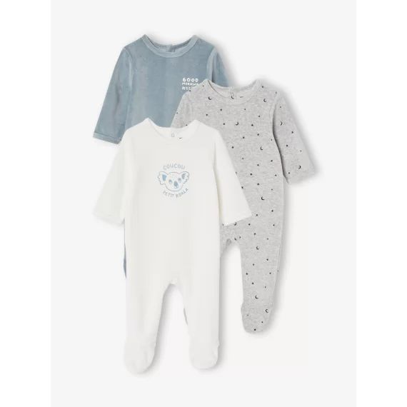 Lot de 3 pyjamas en velours bébé ouverture dos BASICS lot ivoire