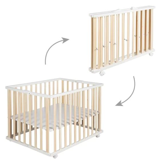 Parc Bébé Pliant En Bois Sur Roulettes À Freins Bicolore