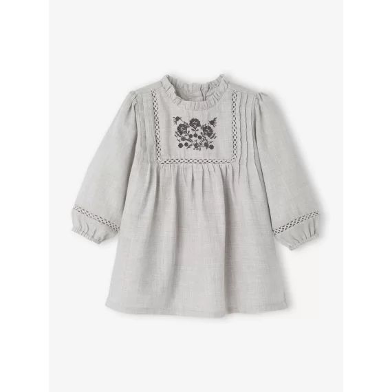 Robe avec plastron brodé bébé gris clair chiné