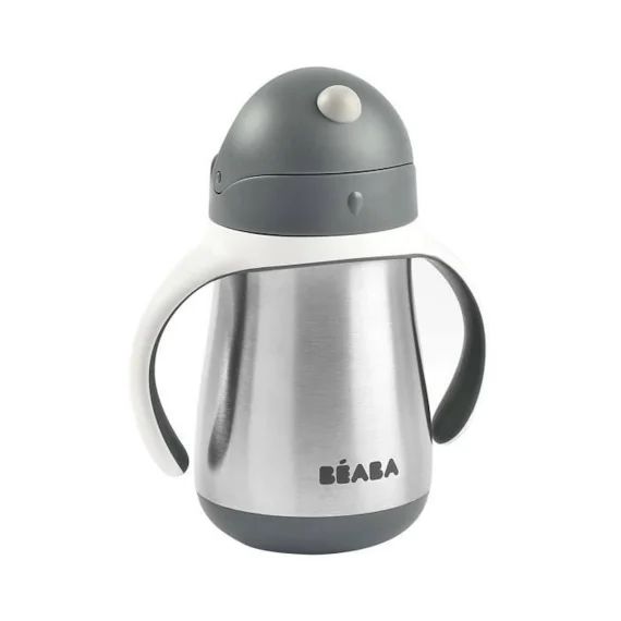 BEABA, Biberon/Tasse d&rsquo;apprentissage/Gourde Bébé 2 en 1, Tasse Paille Enfant, Inox 100% étanche, Anti-fuite, 250ml, Gris minéral gris
