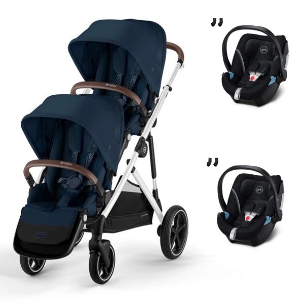 Poussette Double Cybex Gazelle S – Châssis Silver/ Assises Ocean Blue + Coques Auto Aton 5 – Deep Black (2023)