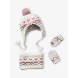 Ensemble en maille jacquard bonnet + snood + moufles bébé fille écru