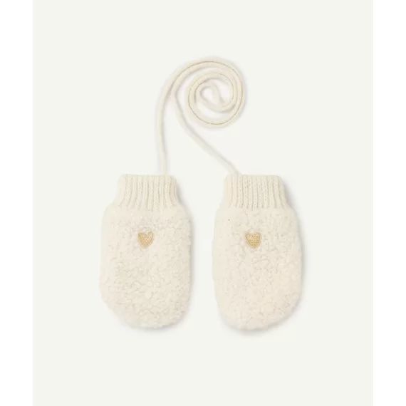 Moufles bébé fille en bouclettes écrues avec coeur