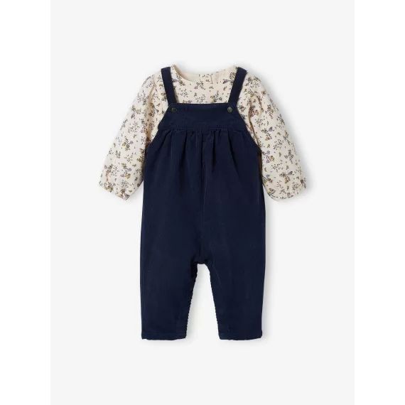 Ensemble blouse et salopette velours bébé fille marine