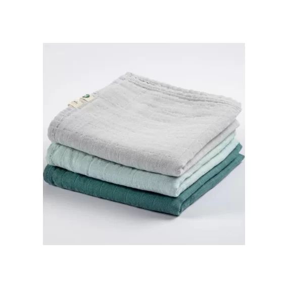 Lot de 3 langes en coton bio Perle/Eucalyptus/Céladon (70 x 70 cm)