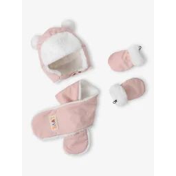 Ensemble chapka + écharpe + moufles bébé rose pâle