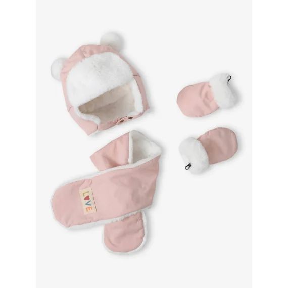 Ensemble chapka + écharpe + moufles bébé rose pâle