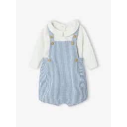 Ensemble naissance body + salopette courte rayée bleu ciel