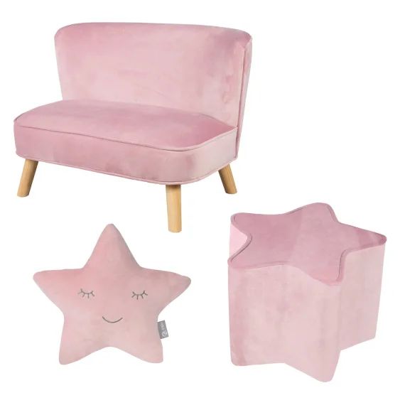 Set Canapé Enfant + Pouf Étoile + Coussin Décoratif En Velours – Lil Sofa Rose Pastel