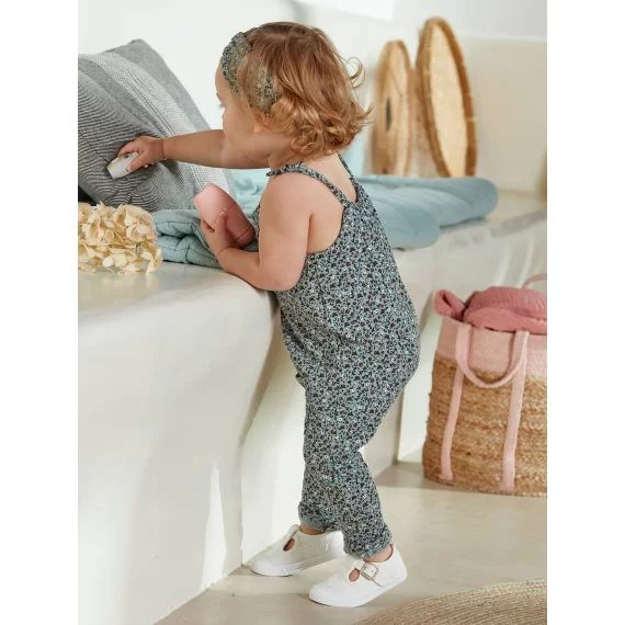 Ensemble combinaison et bandeau bébé fille en molleton vert grisé imprimé