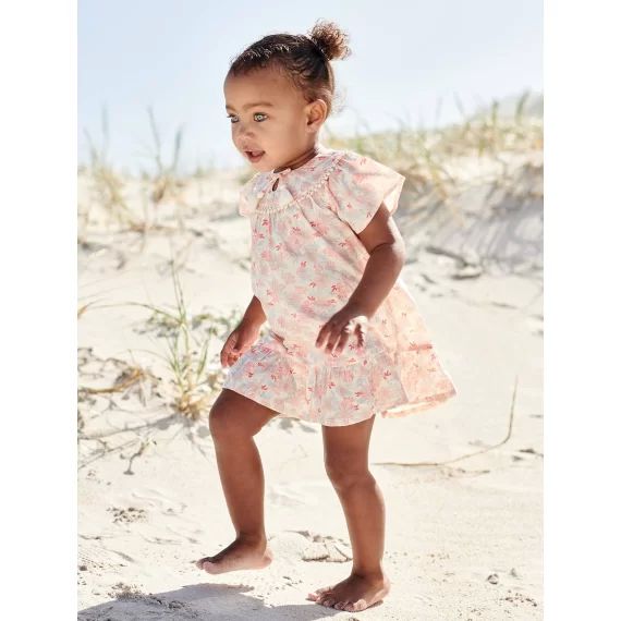 Robe fleurie bébé manches courtes écru
