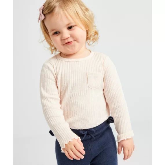 T-shirt bébé fille rose pâle à côtes et avec festons –  – Soldes