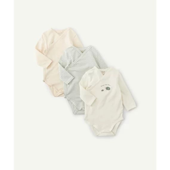 Lot de 3 bodies en coton bio écru beige et imprimé vert à rayures