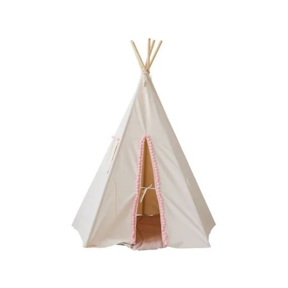 Tipi Enfant Moi Mili &lsquo;fluffy Pompoms&rsquo; – Blanc – 120x170cm – Tissu 100% Coton Et Tiges De Pin Blanc