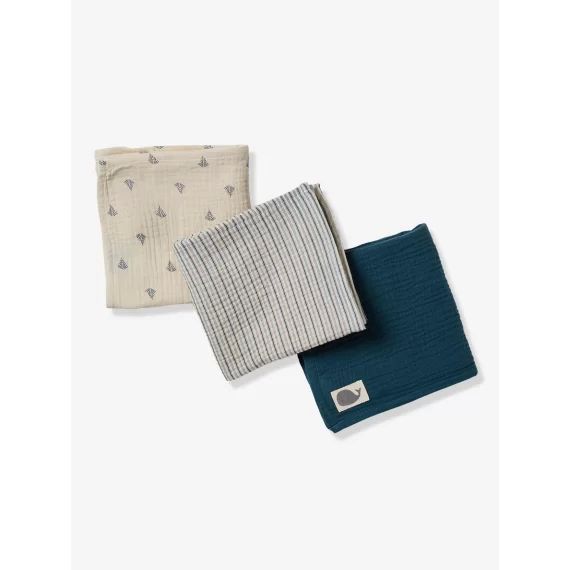 Lot de 3 langes en gaze de coton NAVY SEA lot bleu