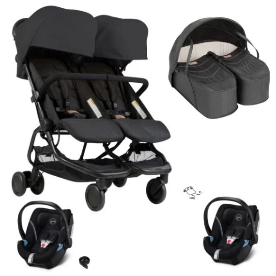 Poussette Double Mountain Buggy Nano Duo – Black + Cocoon Jumeaux + 2 Coques Cybex Aton 5 – Deep Black