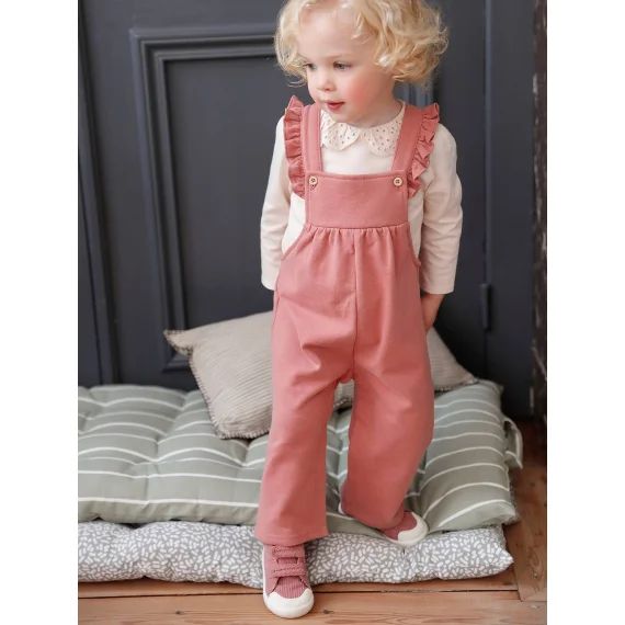 Salopette en molleton bretelles volantées bébé coton bio vieux rose