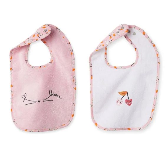 Lot De Deux Bavoirs Escapade Kawaii Coton Blanc Et Rose Blanc