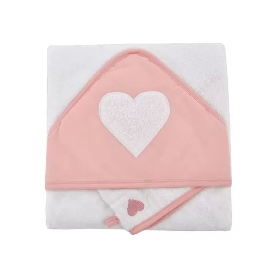 Cape de bain brodée et gant coeur corail