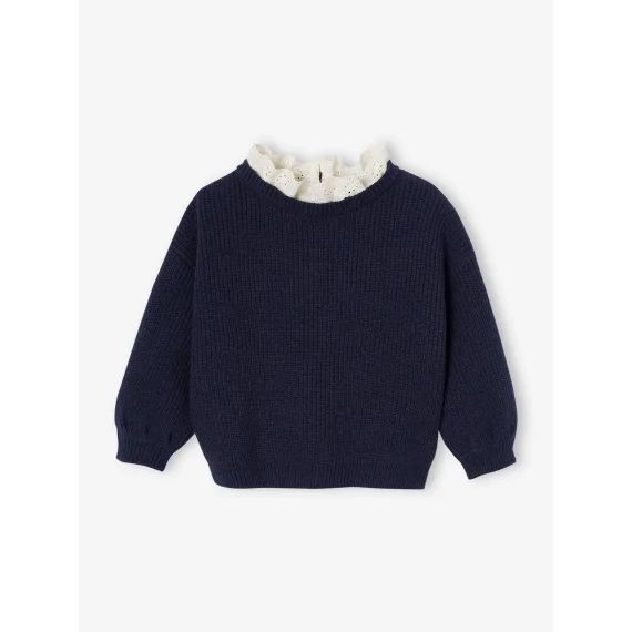 Pull en côte perlée bébé col en broderie anglaise marine