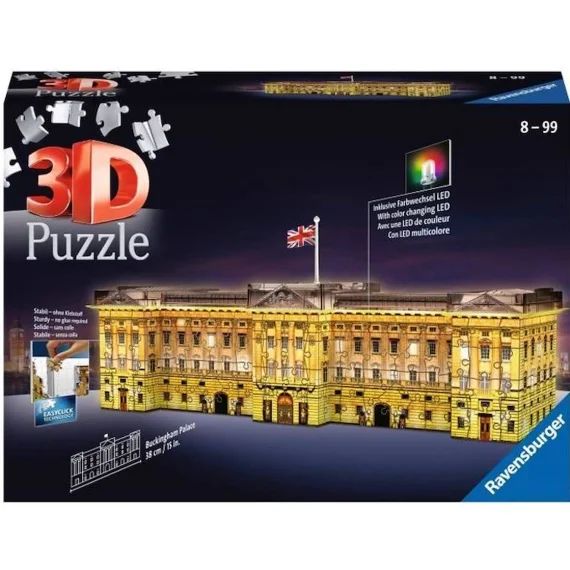 Puzzle 3D Buckingham Palace illuminé – Ravensburger – Monument 216 pièces – sans colle – avec LEDS couleur – Dès 8 ans jaune