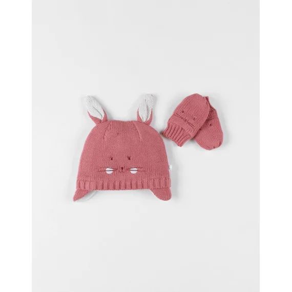 Lot Chapka + Moufles Rose