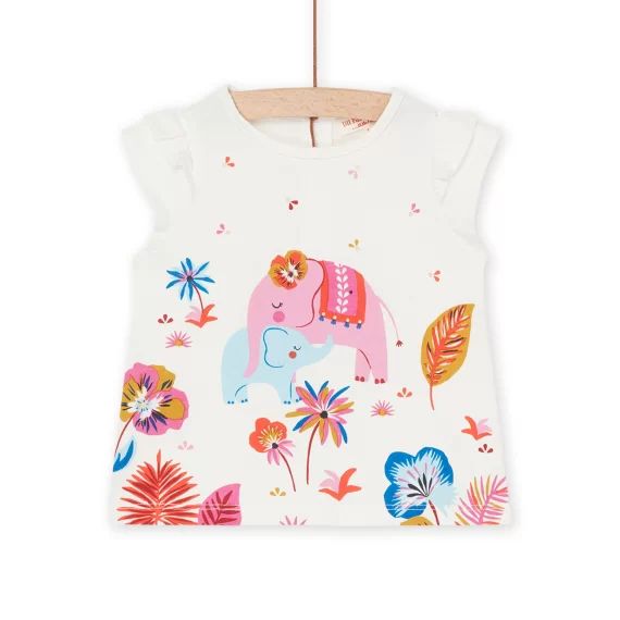T-shirt Écru À Motifs Éléphants Et Fleurs