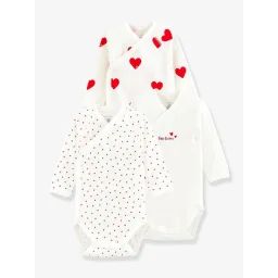 Lot de 3 bodies croisés manches longues coeurs bébé naissance en coton bio PETIT BATEAU blanc