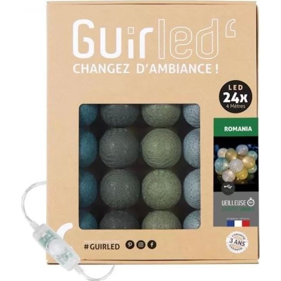 Guirlande lumineuse boules coton LED USB – Veilleuse bébé 2h –  3 intensités – 24 boules 2,4m – Romania marron
