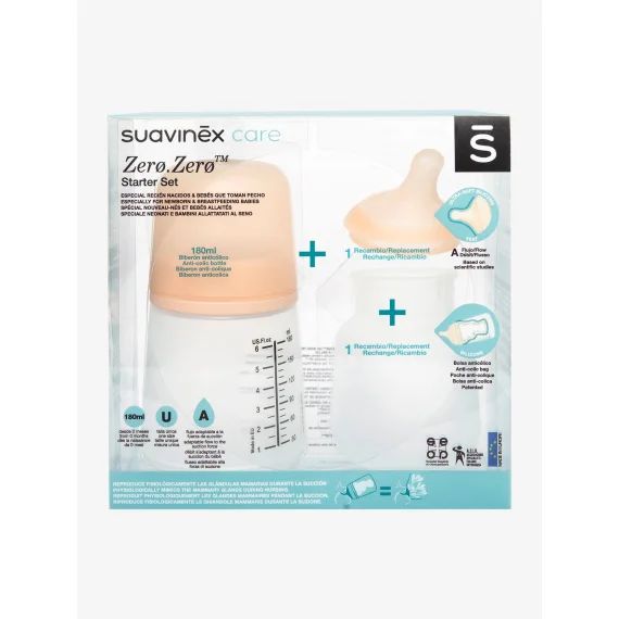 Starter Set Biberon Zero.Zero 180ml SUAVINEX rose clair uni avec decor