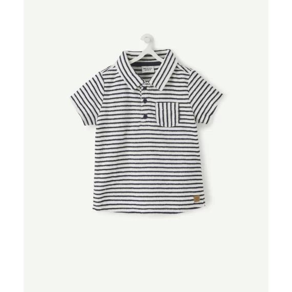 Le polo rayé bleu et blanc en éponge –  – Soldes