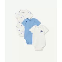 Lot de 3 bodies bébé en coton bio bleu et blanc thème chevaux