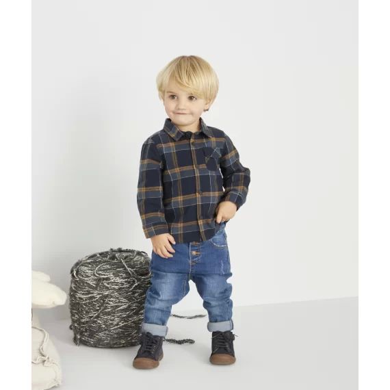 Chemise velours à carreaux bleue et marron bébé garçon –  – Soldes